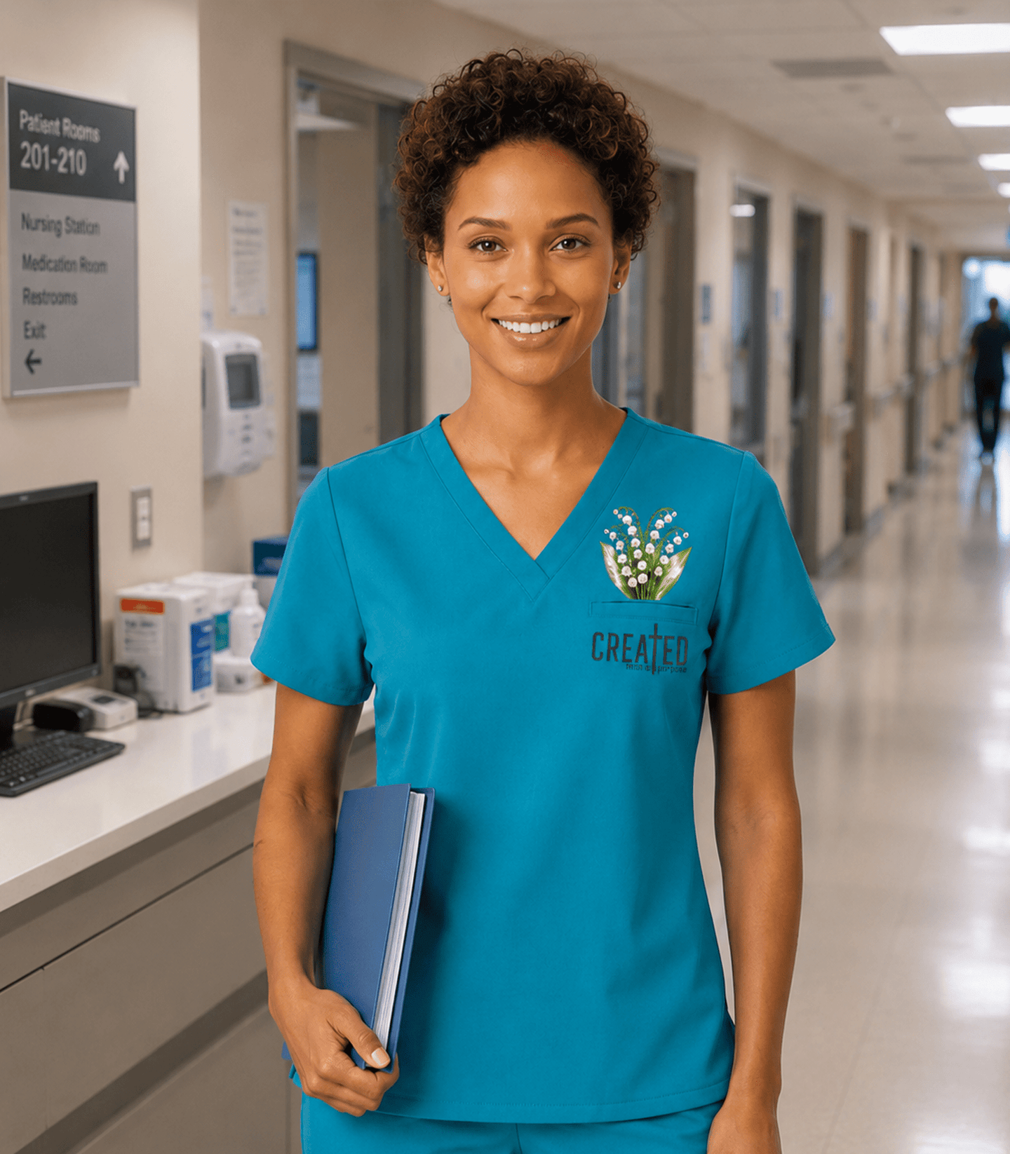 Personalized Birth Month Flower And Name Created With A Purpose Nurse Women's One-Pocket V-neck Scrub Top - Scrubloop
