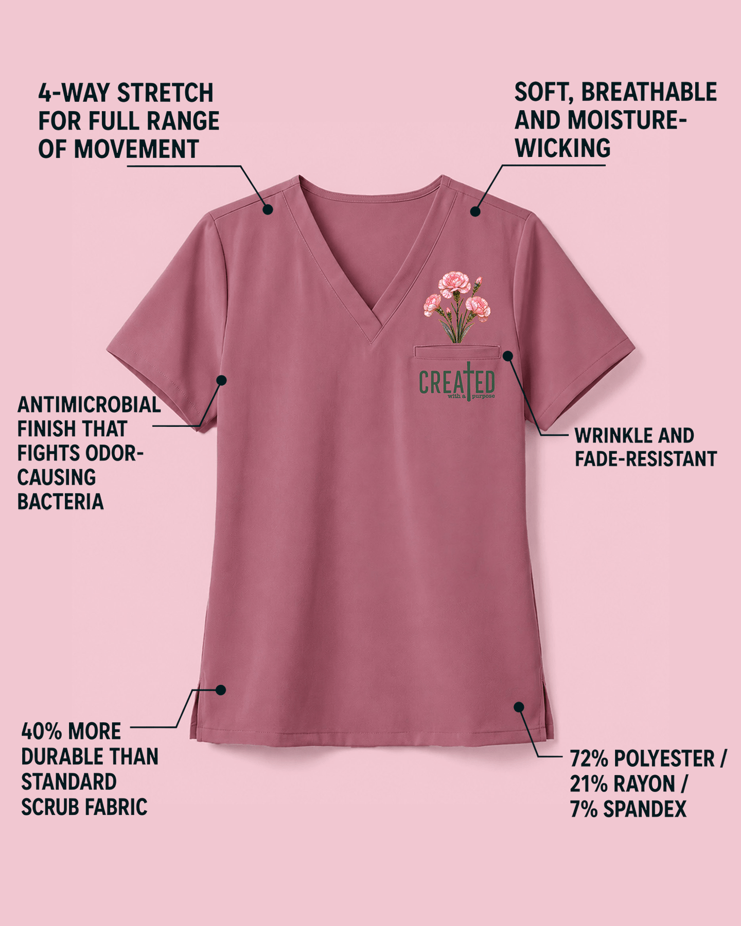 Personalized Birth Month Flower And Name Created With A Purpose Nurse Women's One-Pocket V-neck Scrub Top - Scrubloop