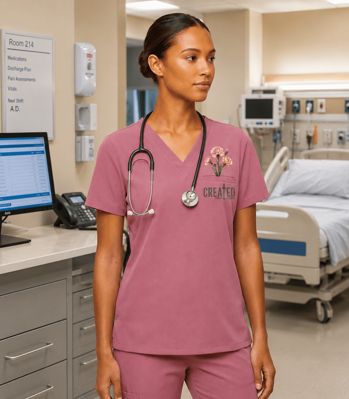 Personalized Birth Month Flower And Name Created With A Purpose Nurse Women's One-Pocket V-neck Scrub Top - Scrubloop