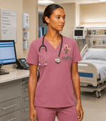 Personalized Birth Month Flower And Name Created With A Purpose Nurse Women's One-Pocket V-neck Scrub Top - Scrubloop