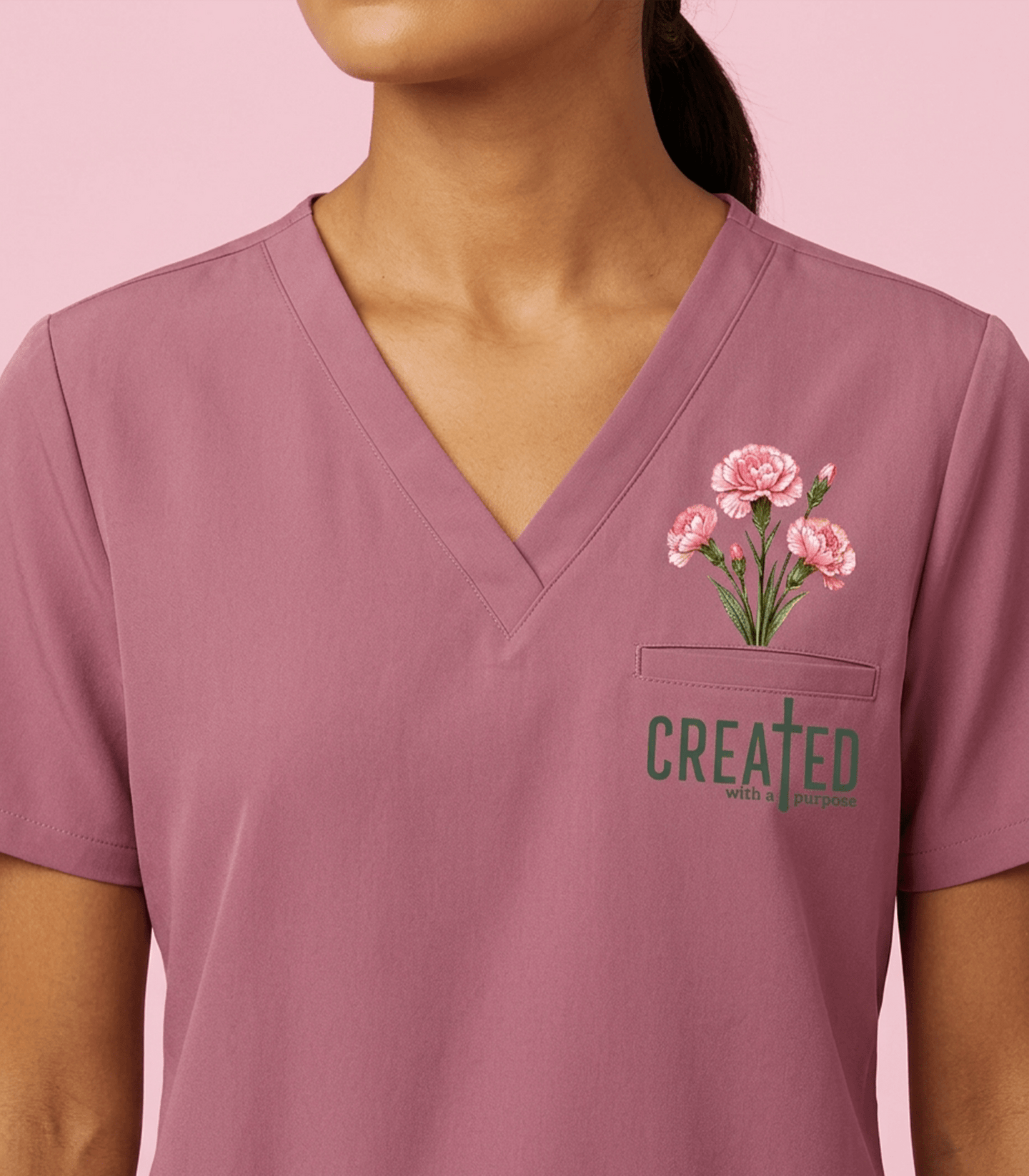Personalized Birth Month Flower And Name Created With A Purpose Nurse Women's One-Pocket V-neck Scrub Top - Scrubloop