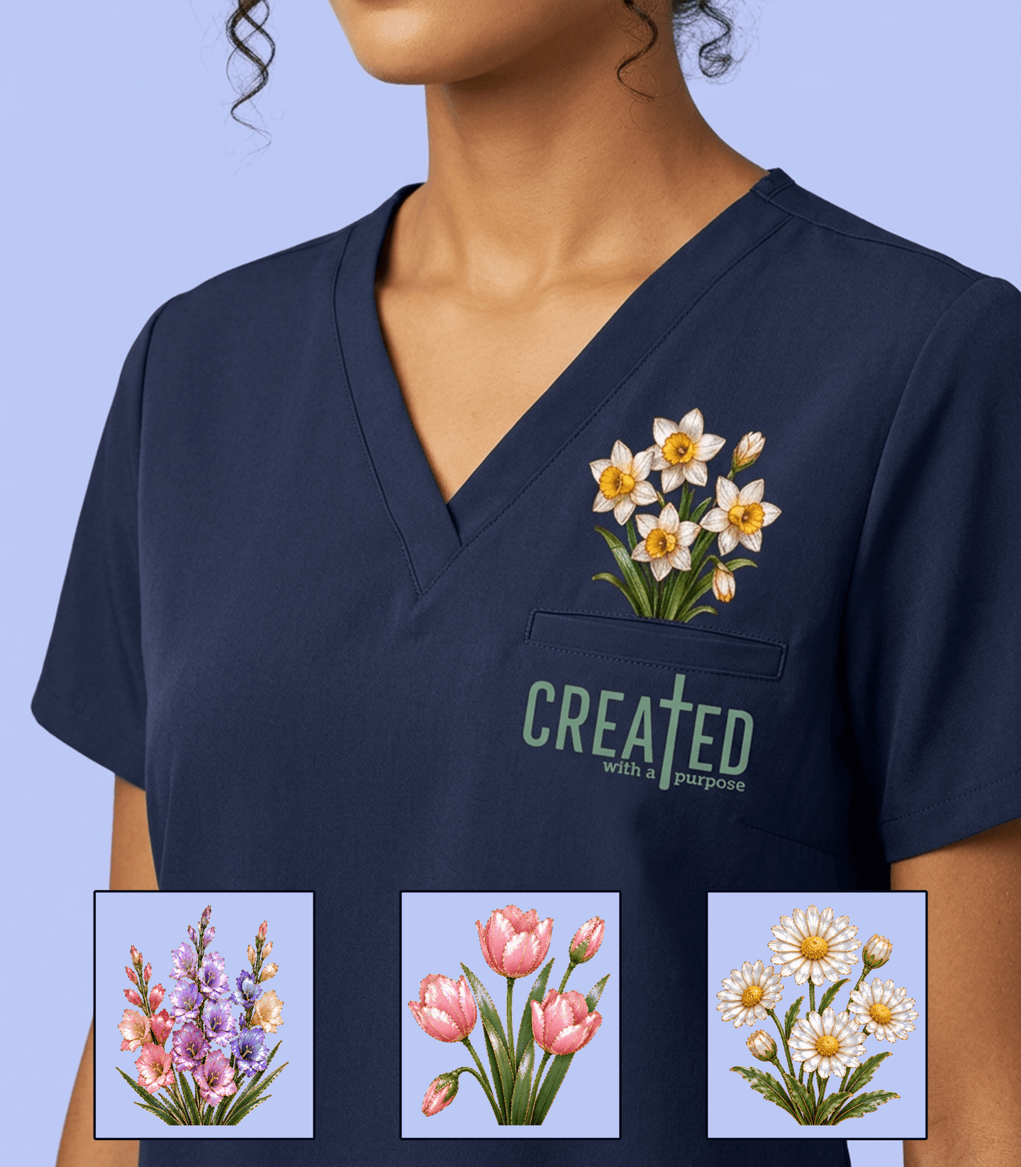 Personalized Birth Month Flower And Name Created With A Purpose Nurse Women's One-Pocket V-neck Scrub Top - Scrubloop