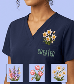Personalized Birth Month Flower And Name Created With A Purpose Nurse Women's One-Pocket V-neck Scrub Top - Scrubloop
