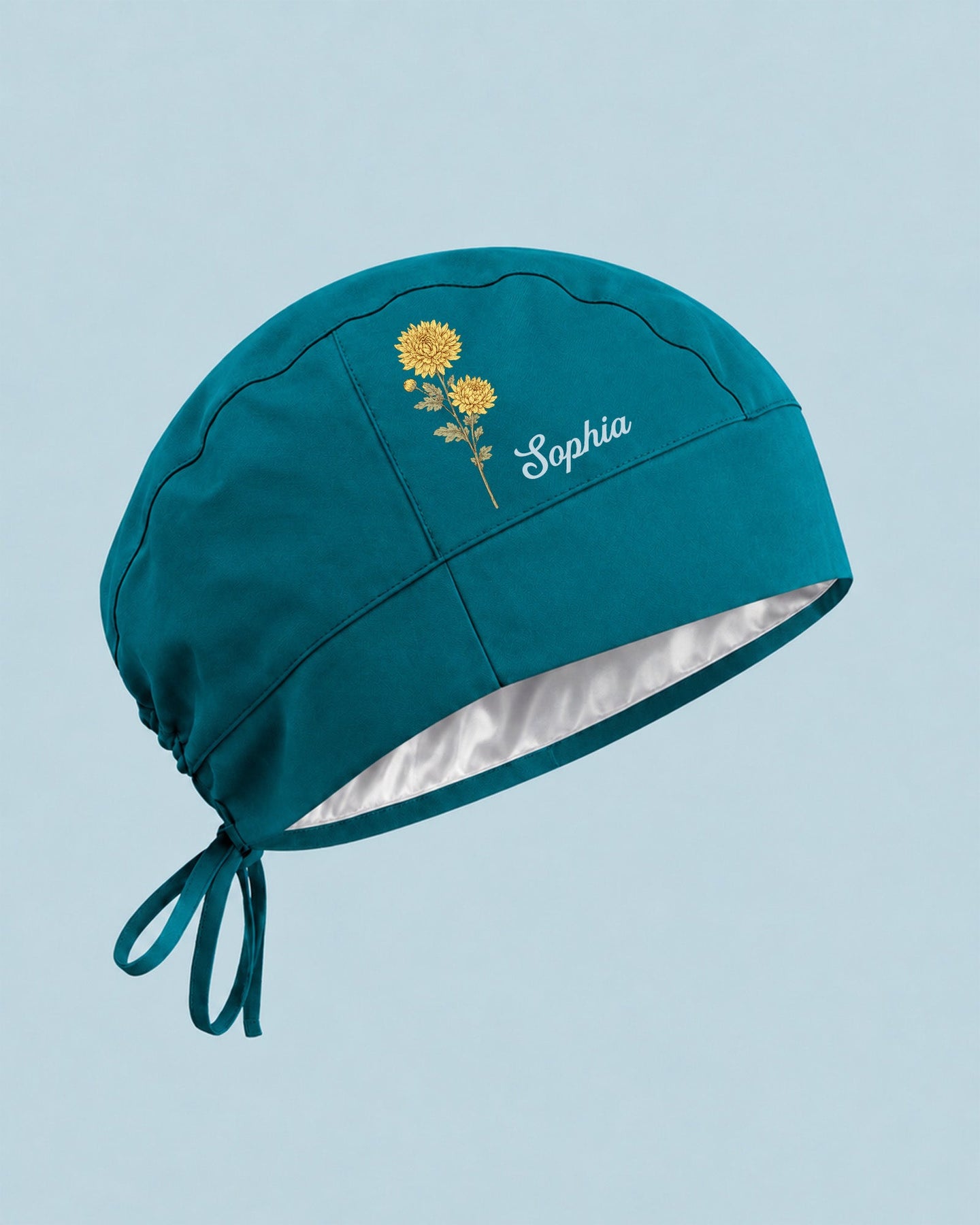 Personalized Birth Month Flower And Name Nurse Premium Satin-Lined Scrub Cap - Scrubloop