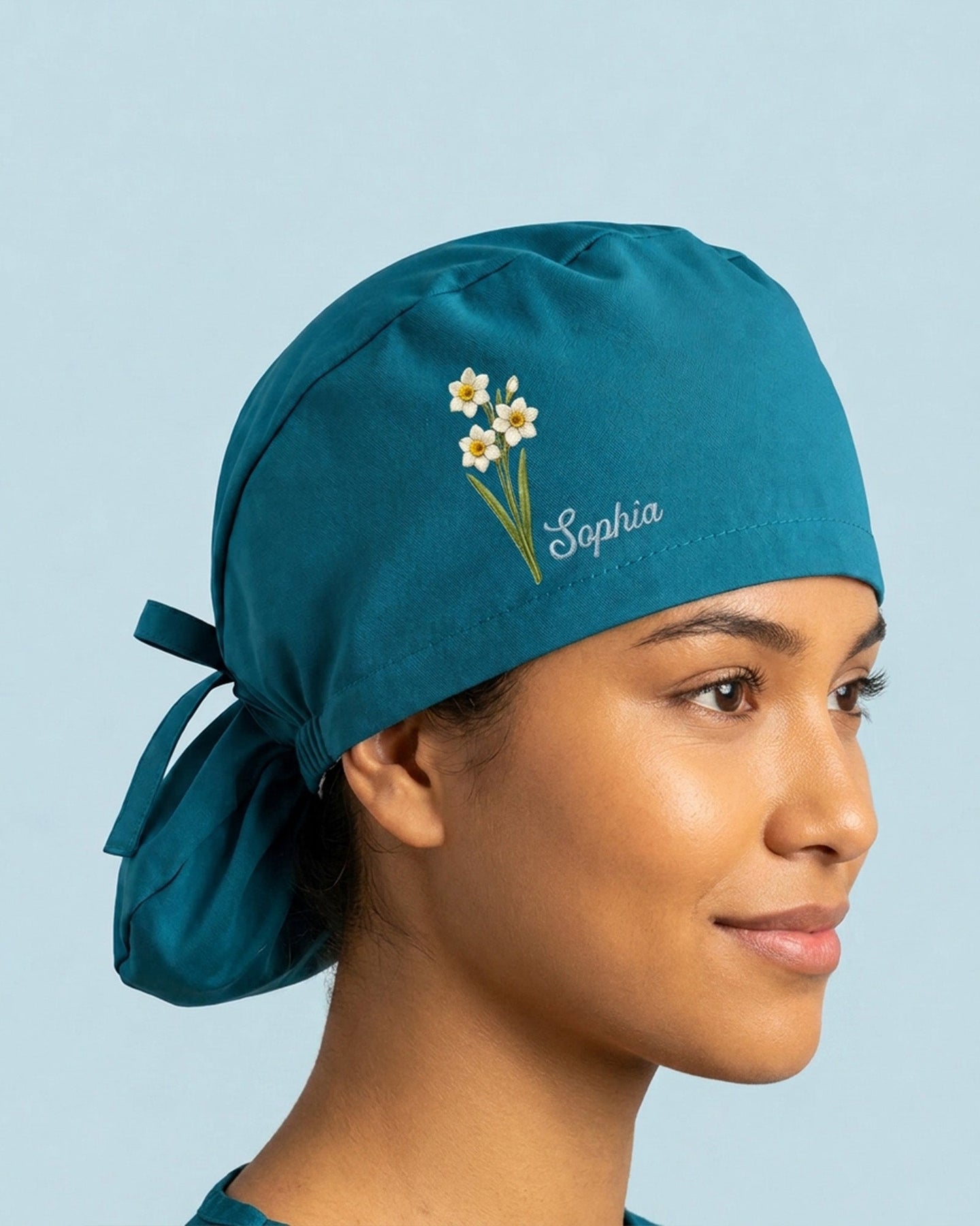 Personalized Birth Month Flower And Name Nurse Premium Satin-Lined Scrub Cap - Scrubloop