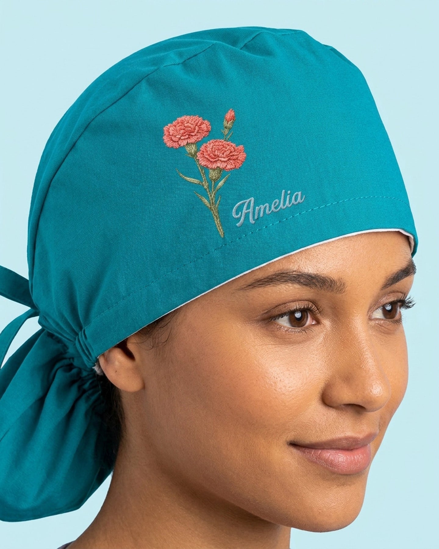 Personalized Birth Month Flower And Name Nurse Premium Satin-Lined Scrub Cap - Scrubloop