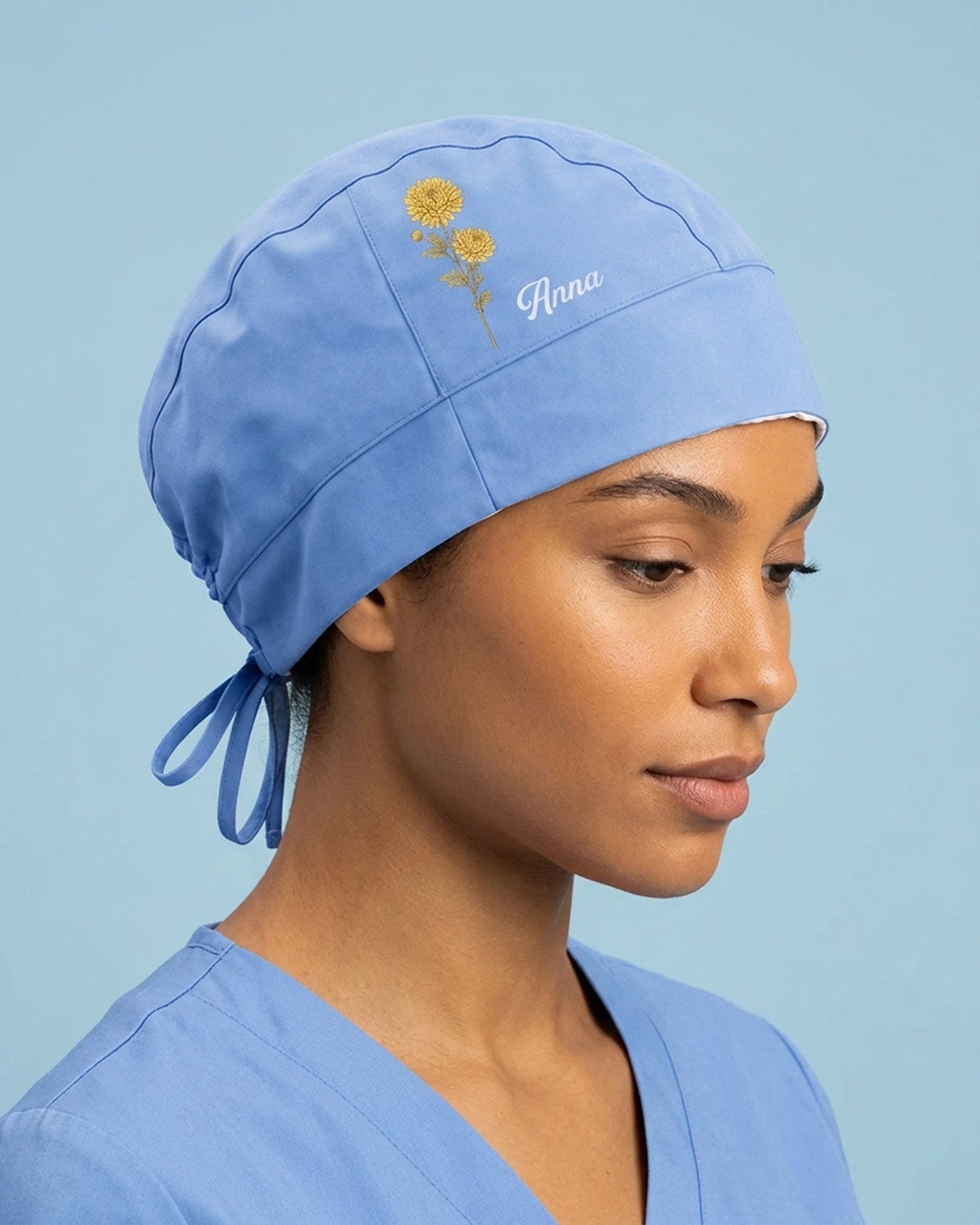 Personalized Birth Month Flower And Name Nurse Premium Satin-Lined Scrub Cap - Scrubloop