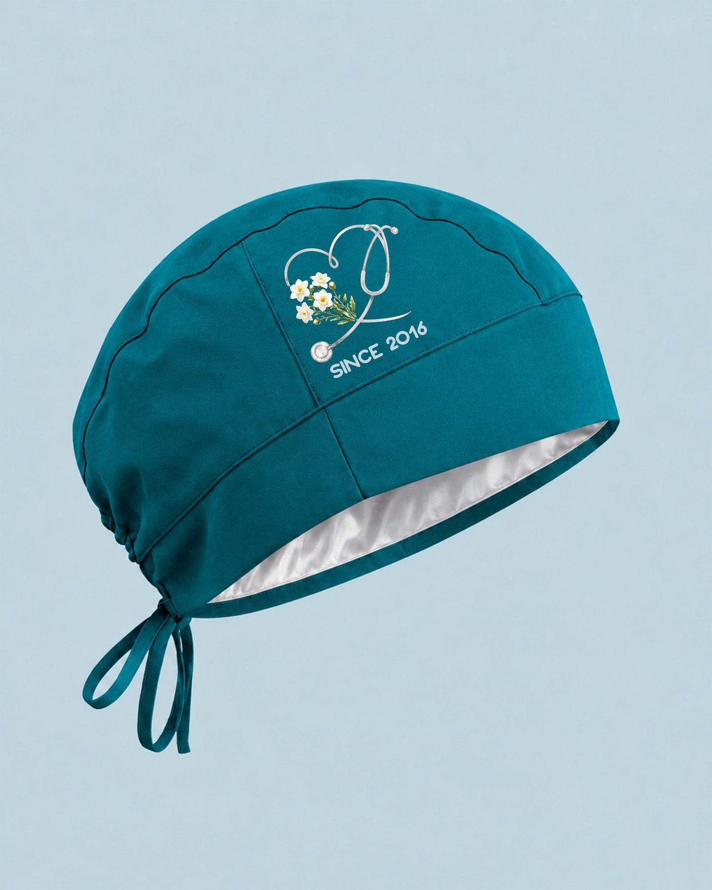 Personalized Birth Month Flower And Name Nurse Stethoscope Heart Premium Satin-Lined Scrub Cap - Scrubloop
