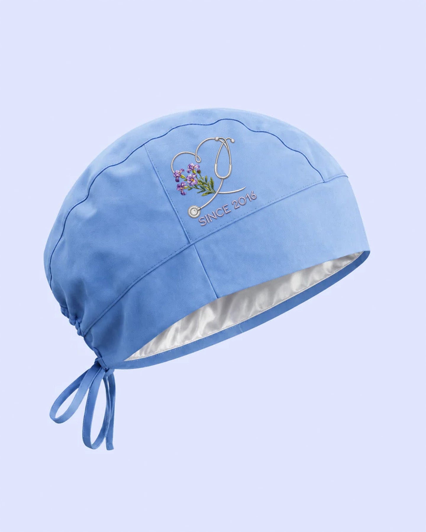 Personalized Birth Month Flower And Name Nurse Stethoscope Heart Premium Satin-Lined Scrub Cap - Scrubloop