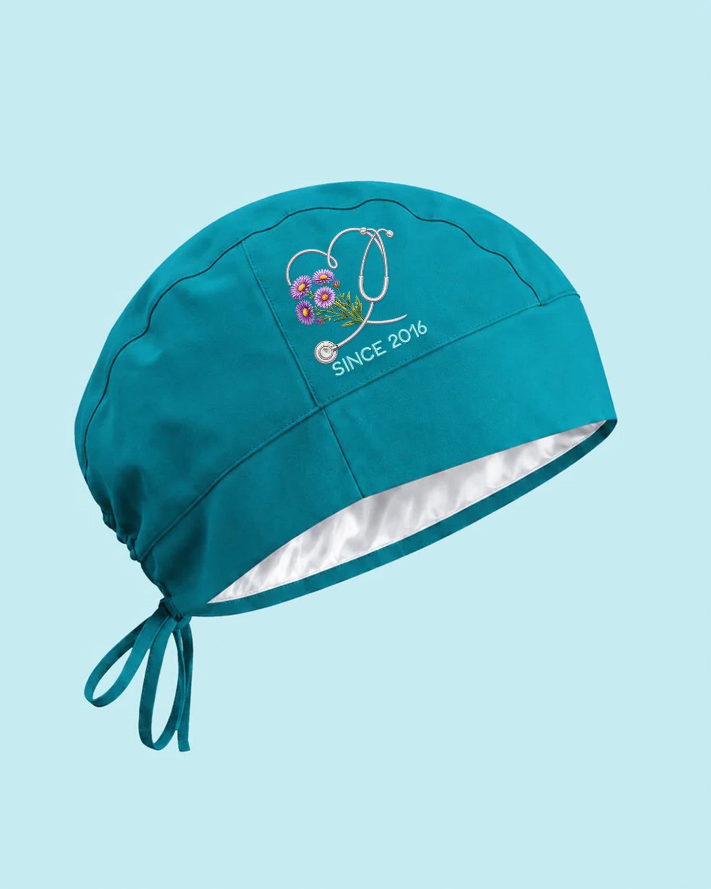 Personalized Birth Month Flower And Name Nurse Stethoscope Heart Premium Satin-Lined Scrub Cap - Scrubloop