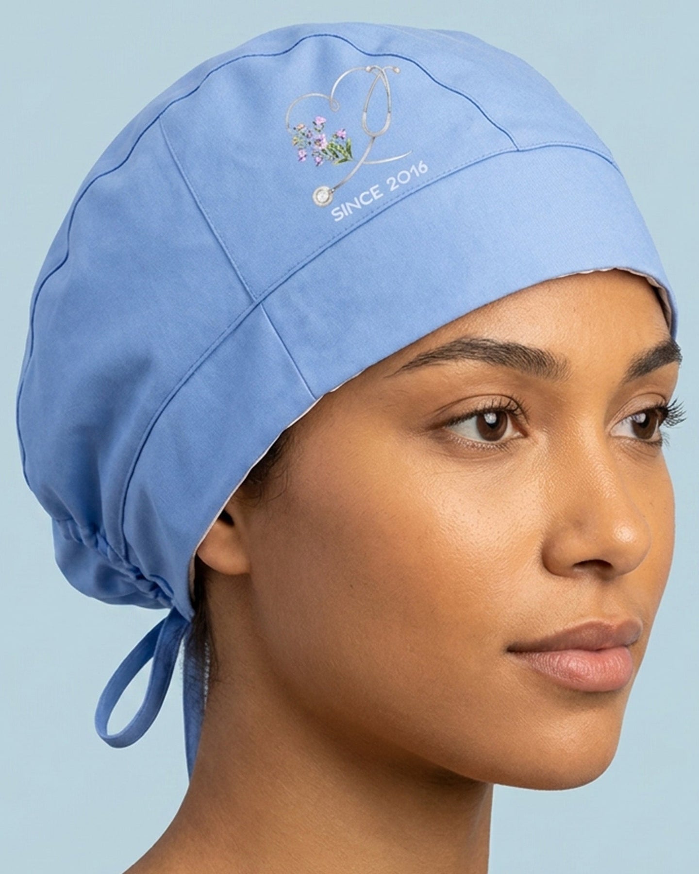 Personalized Birth Month Flower And Name Nurse Stethoscope Heart Premium Satin-Lined Scrub Cap - Scrubloop