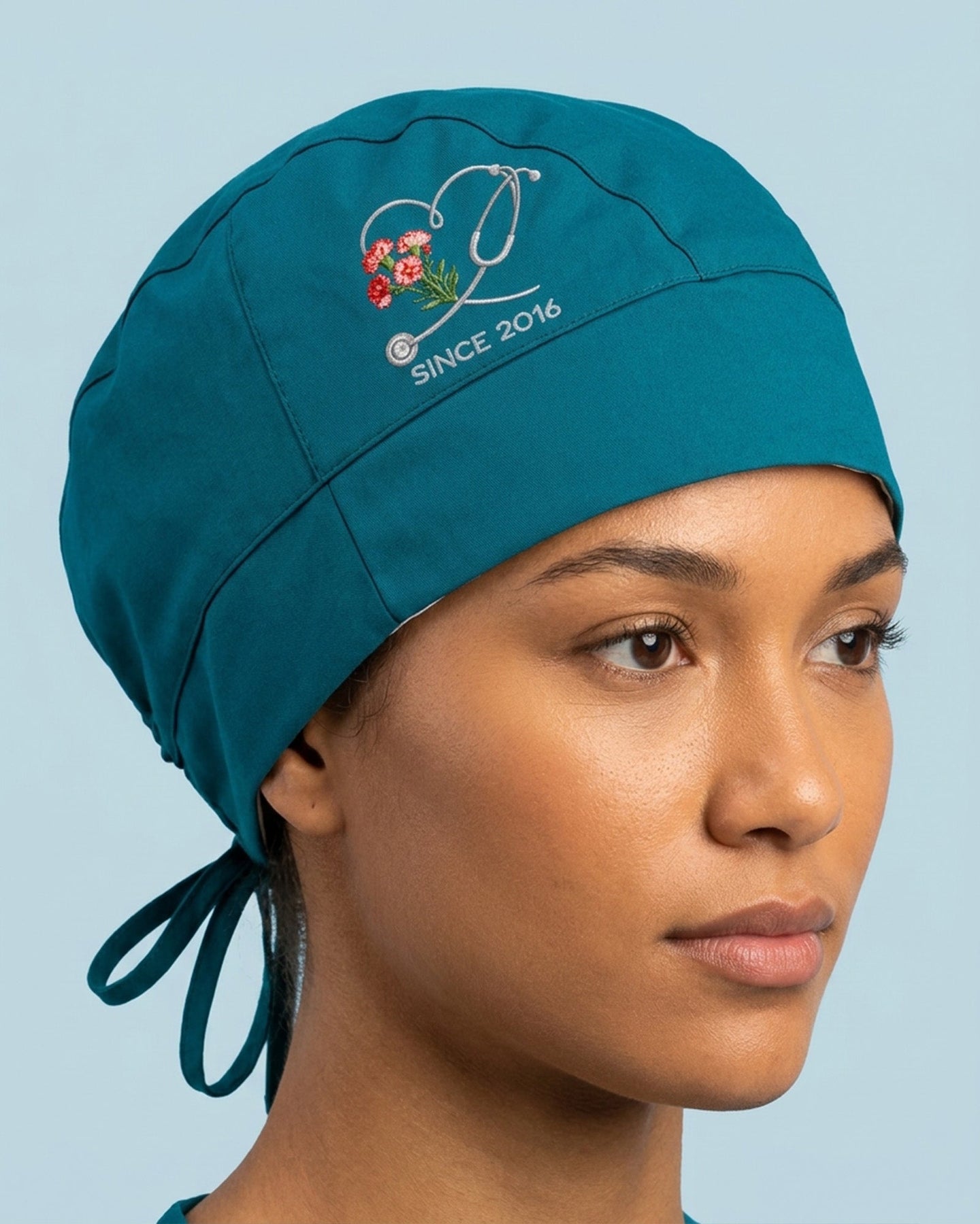 Personalized Birth Month Flower And Name Nurse Stethoscope Heart Premium Satin-Lined Scrub Cap - Scrubloop