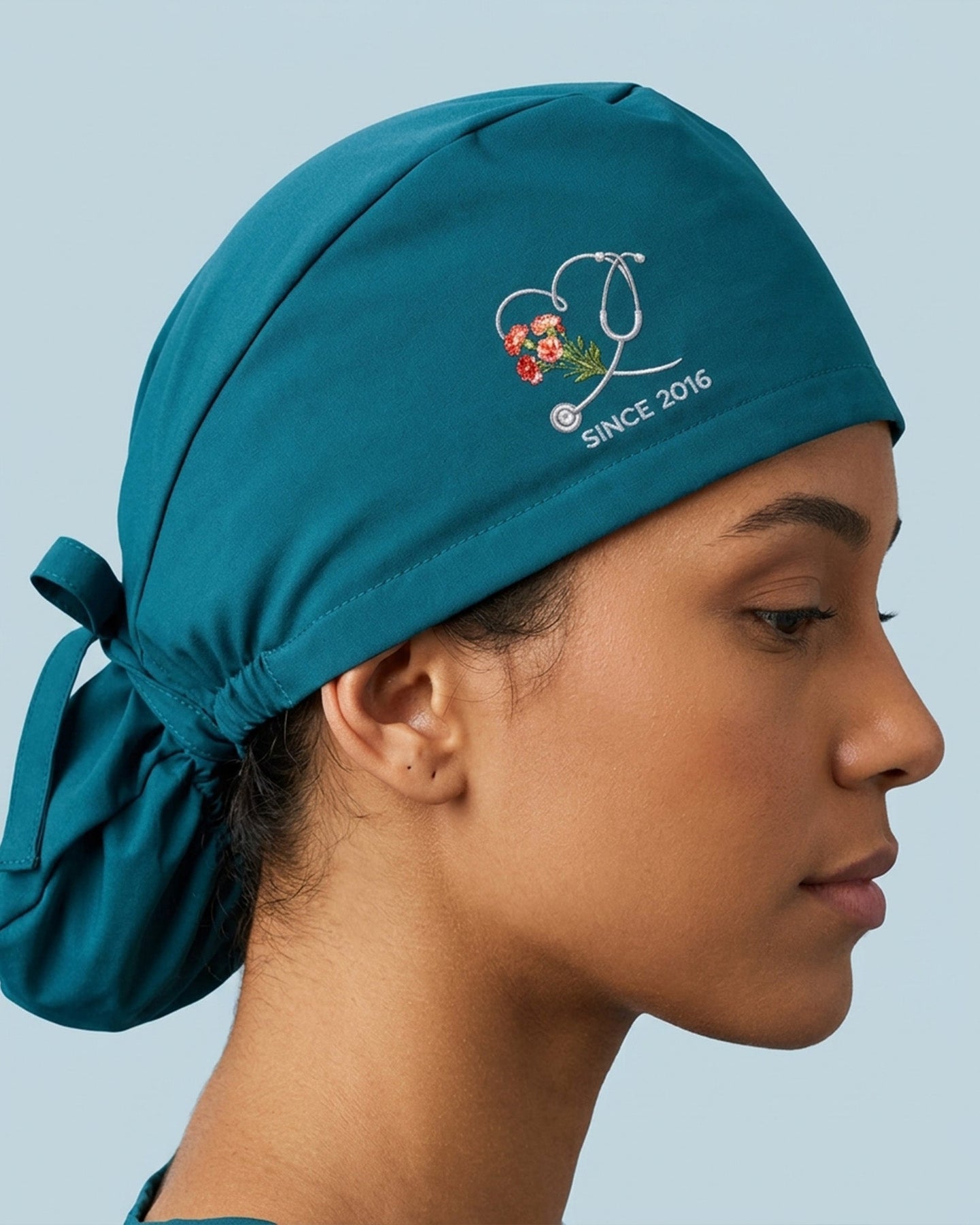 Personalized Birth Month Flower And Name Nurse Stethoscope Heart Premium Satin-Lined Scrub Cap - Scrubloop