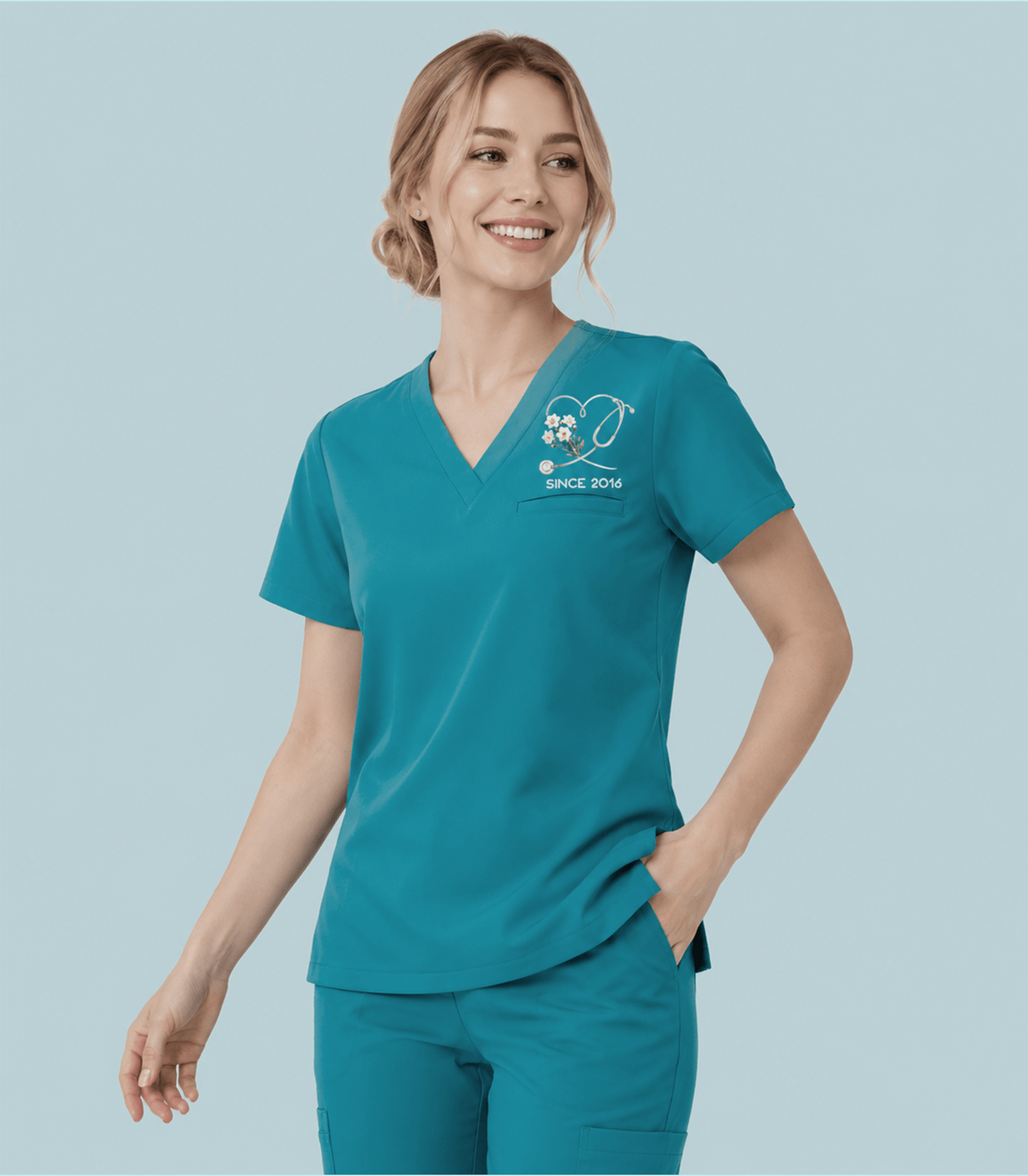 Personalized Birth Month Flower And Name Nurse Stethoscope Heart Women's One-Pocket V-neck Scrub Top - Scrubloop