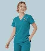 Personalized Birth Month Flower And Name Nurse Stethoscope Heart Women's One-Pocket V-neck Scrub Top - Scrubloop