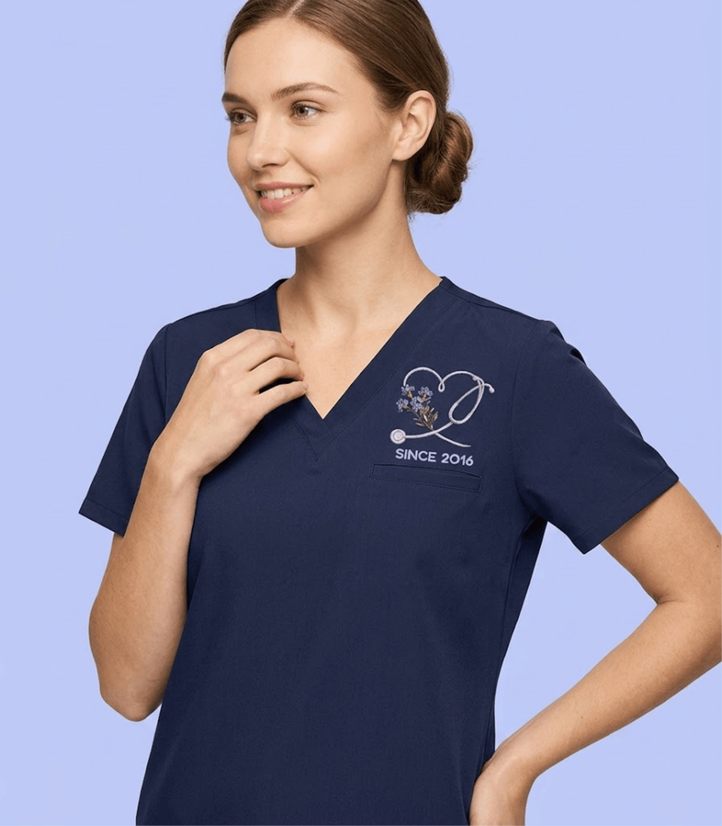 Personalized Birth Month Flower And Name Nurse Stethoscope Heart Women's One-Pocket V-neck Scrub Top - Scrubloop