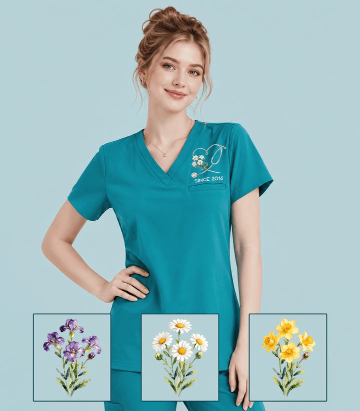 Personalized Birth Month Flower And Name Nurse Stethoscope Heart Top
