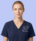 Personalized Birth Month Flower And Name Nurse Stethoscope Heart Women's One-Pocket V-neck Scrub Top - Scrubloop