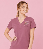 Personalized Birth Month Flower And Name Nurse Stethoscope Heart Women's One-Pocket V-neck Scrub Top - Scrubloop