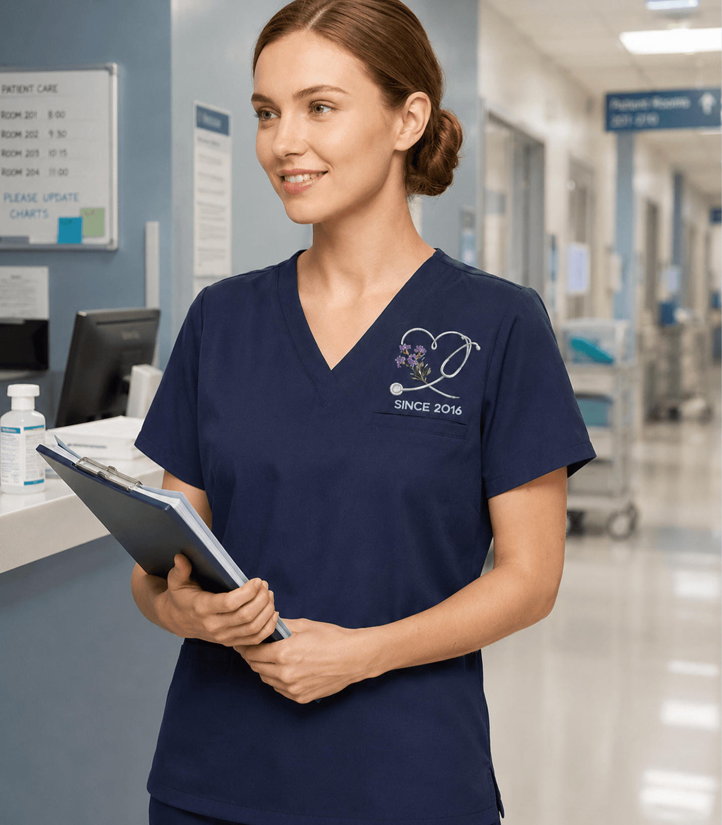 Personalized Birth Month Flower And Name Nurse Stethoscope Heart Women's One-Pocket V-neck Scrub Top - Scrubloop