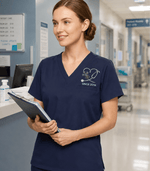 Personalized Birth Month Flower And Name Nurse Stethoscope Heart Women's One-Pocket V-neck Scrub Top - Scrubloop