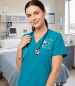 Personalized Birth Month Flower And Name Nurse Stethoscope Heart Women's One-Pocket V-neck Scrub Top - Scrubloop
