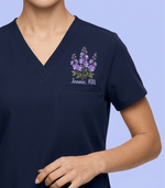 Personalized Birth Month Flower And Name Nurse Women's One-Pocket V-neck Scrub Top - Scrubloop