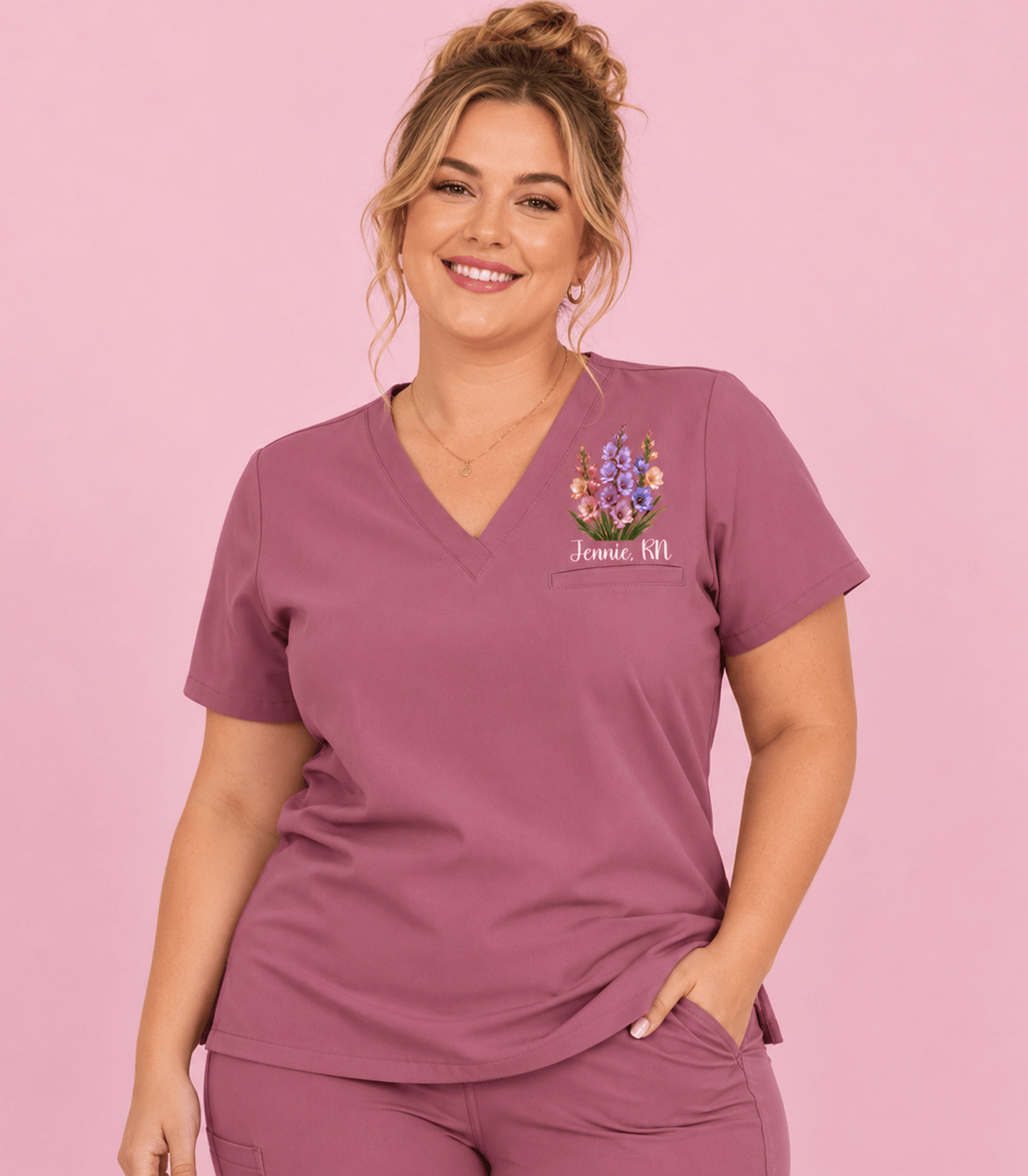 Personalized Birth Month Flower And Name Nurse Women's One-Pocket V-neck Scrub Top - Scrubloop