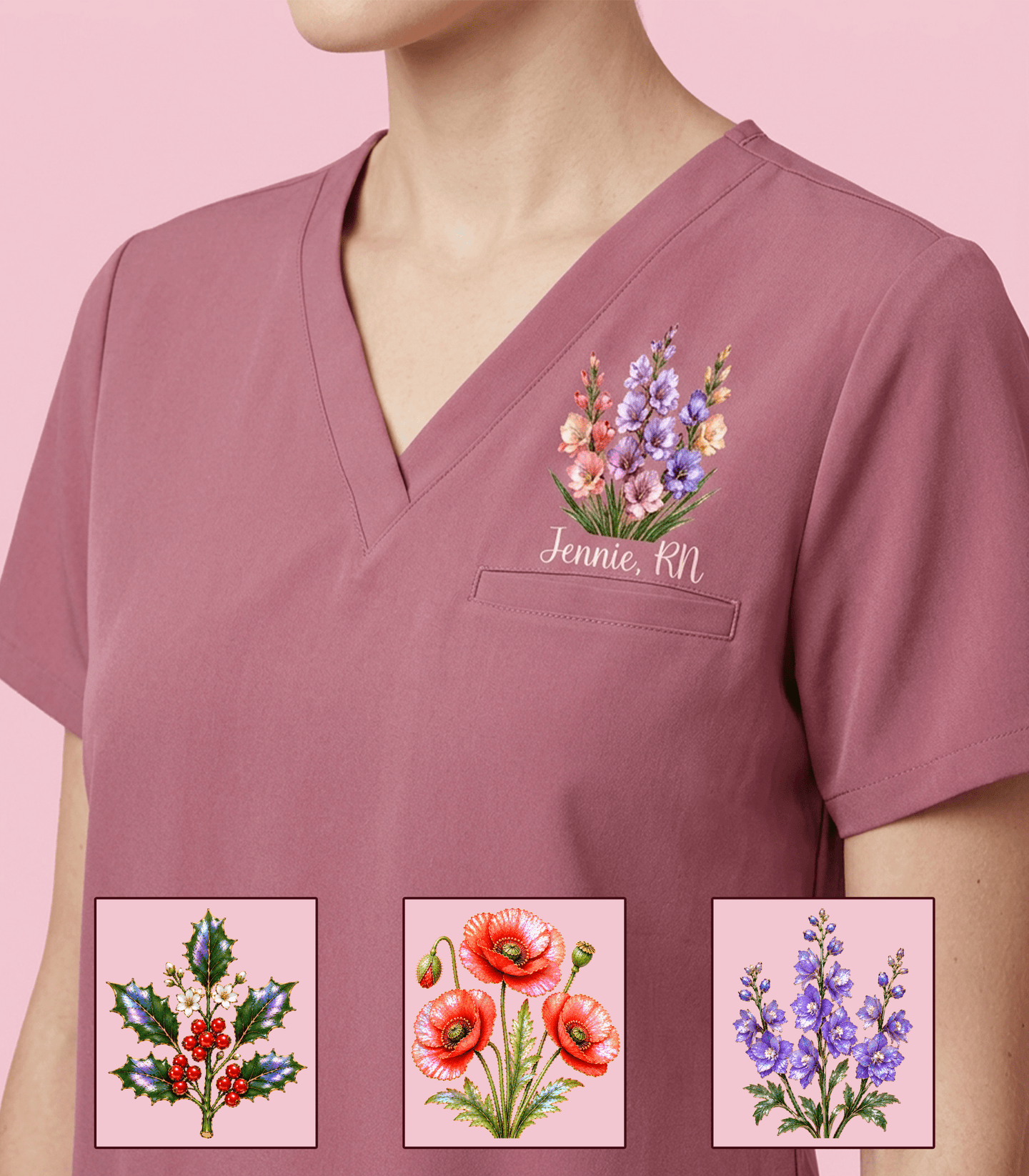 Personalized Birth Month Flower And Name Nurse Women's One-Pocket V-neck Scrub Top - Scrubloop