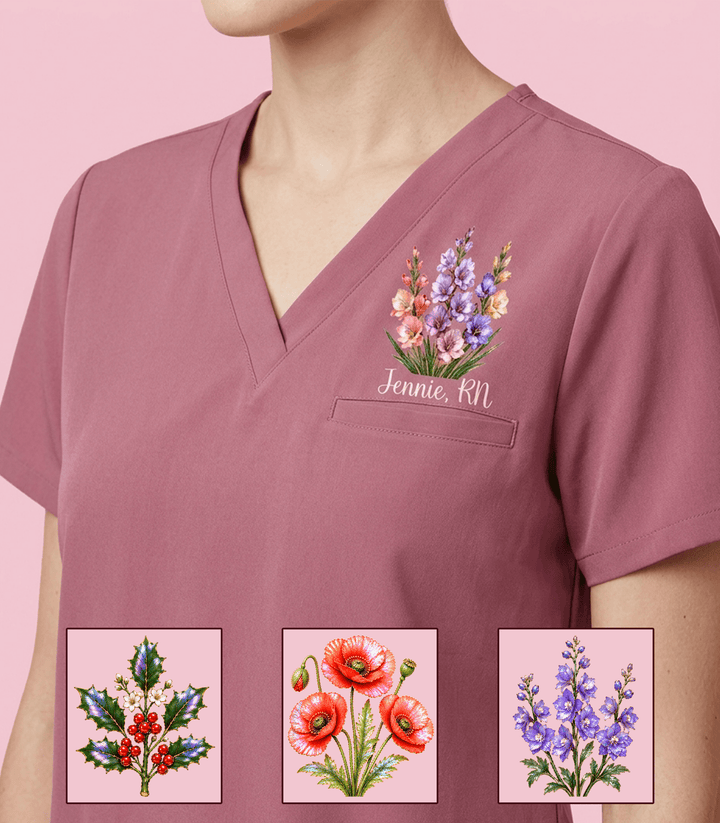 Personalized Birth Month Flower And Name Nurse Top