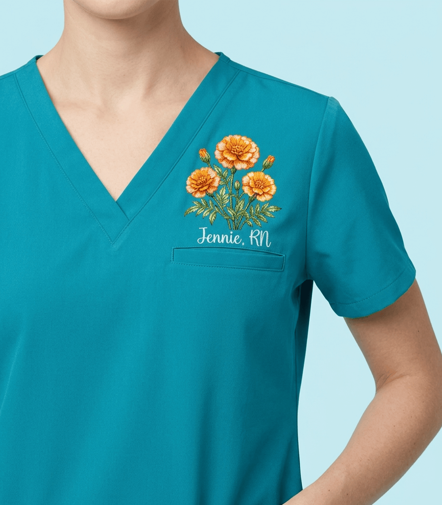 Personalized Birth Month Flower And Name Nurse Women's One-Pocket V-neck Scrub Top - Scrubloop