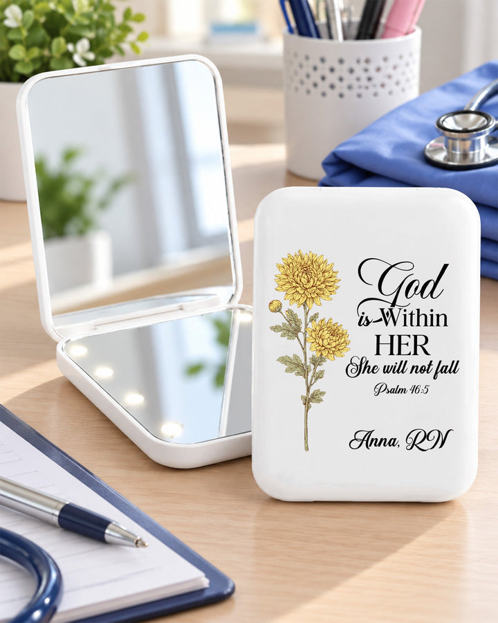 Personalized Birth Month Flower, Name & Job Title God Is Within Her Christian Gift For Nurse LED Mirror