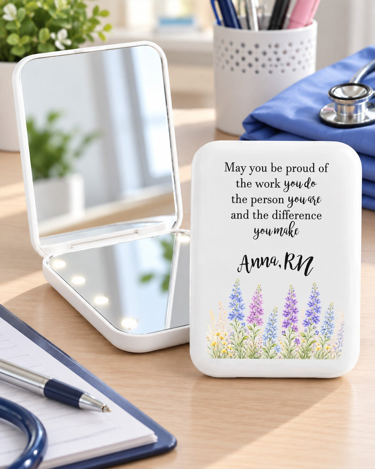 Personalized Birth Month Flower, Name & Job Title May You Be Proud Of The Work You Do Gift For Nurse LED Mirror - Scrubloop