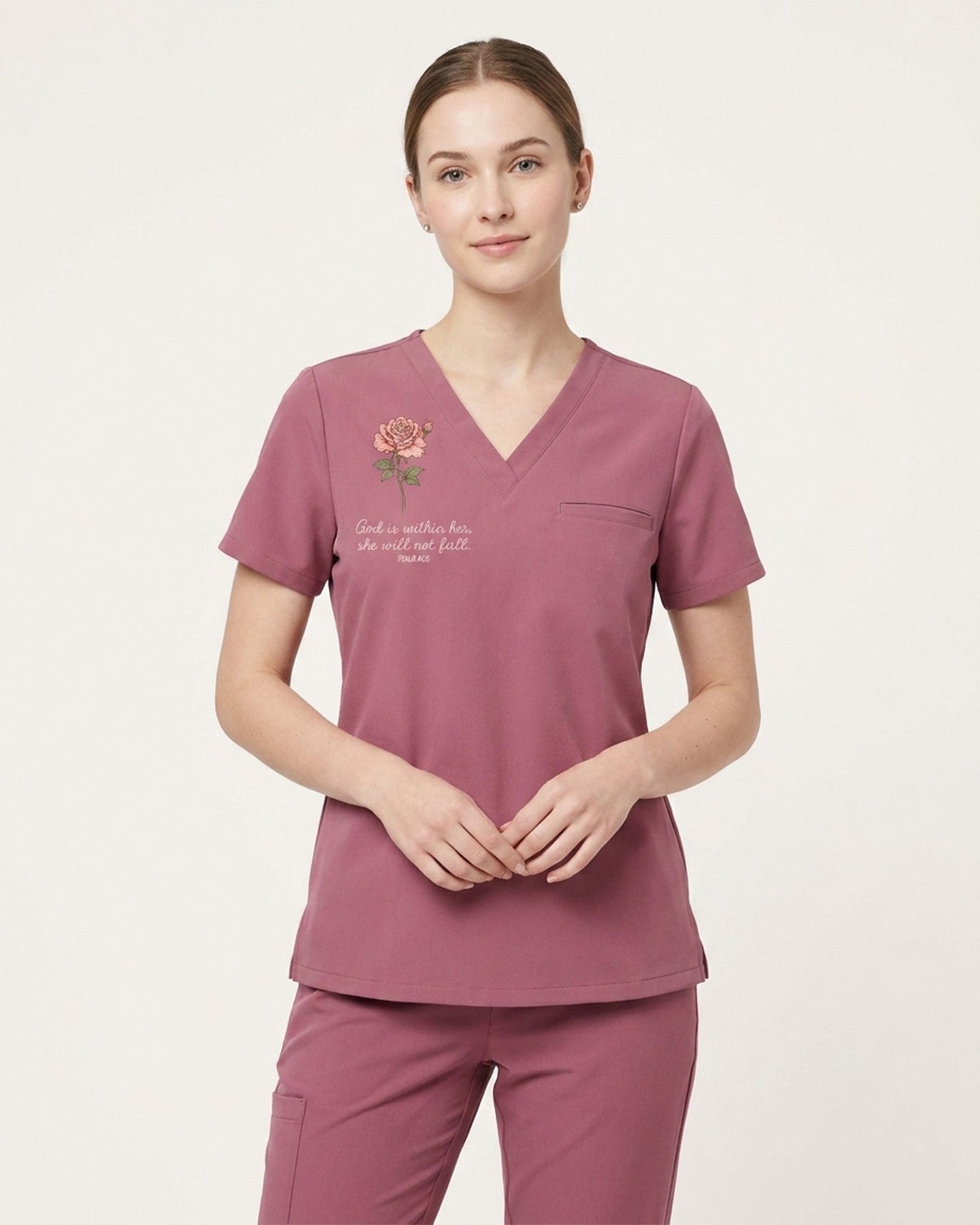 Personalized Birth Month Flower Nurse God Is Within Her She Will Not Fall Top - Scrubloop