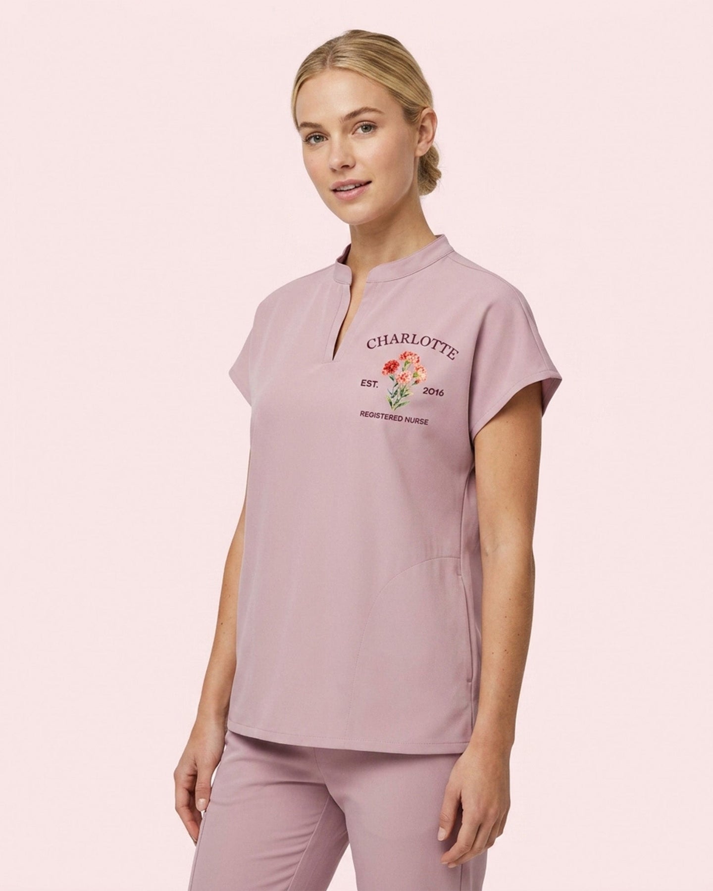 Personalized Birth Month Flower, Specialty And Name Nurse Mandarin Top - Scrubloop