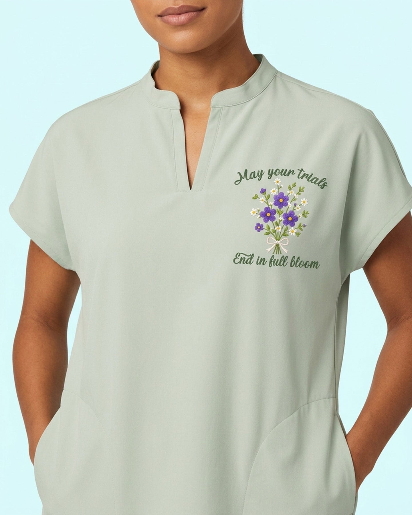 Personalized Birth Month Flower, Specialty And Name Nurse May Your Trials End In Full Bloom Mandarin Dolman Scrub Top - Scrubloop