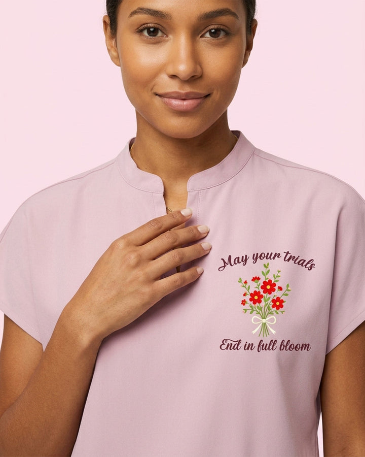 Personalized Birth Month Flower, Specialty And Name Nurse May Your Trials End In Full Bloom Mandarin Dolman Scrub Top