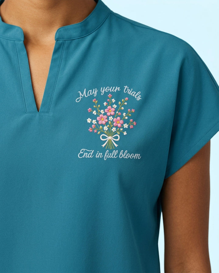 Personalized Birth Month Flower, Specialty And Name Nurse May Your Trials End In Full Bloom Mandarin Dolman Scrub Top