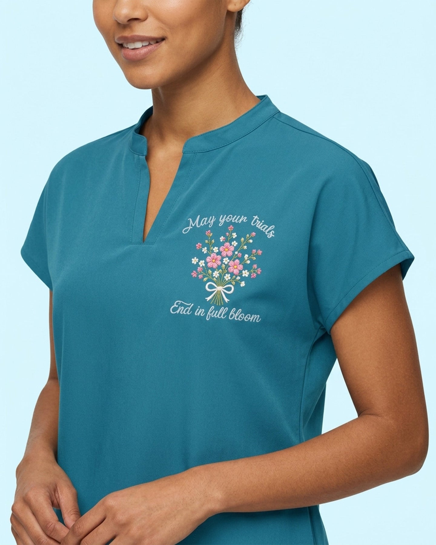 Personalized Birth Month Flower, Specialty And Name Nurse May Your Trials End In Full Bloom Mandarin Dolman Scrub Top - Scrubloop