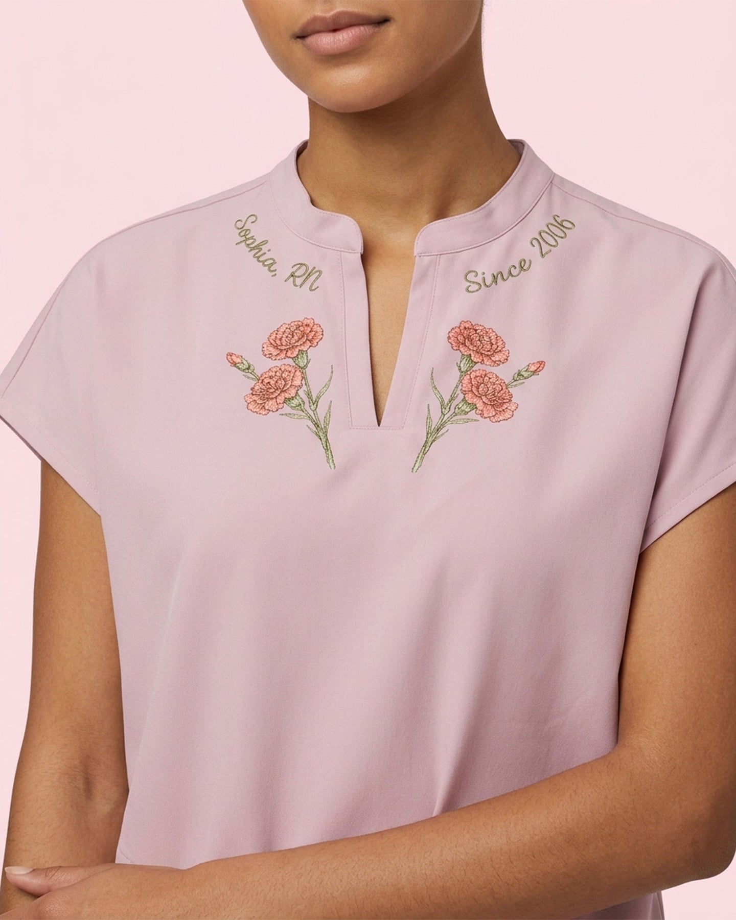 Personalized Birth Month Flower, Specialty, Name & Year Nurse Mandarin Top - Scrubloop