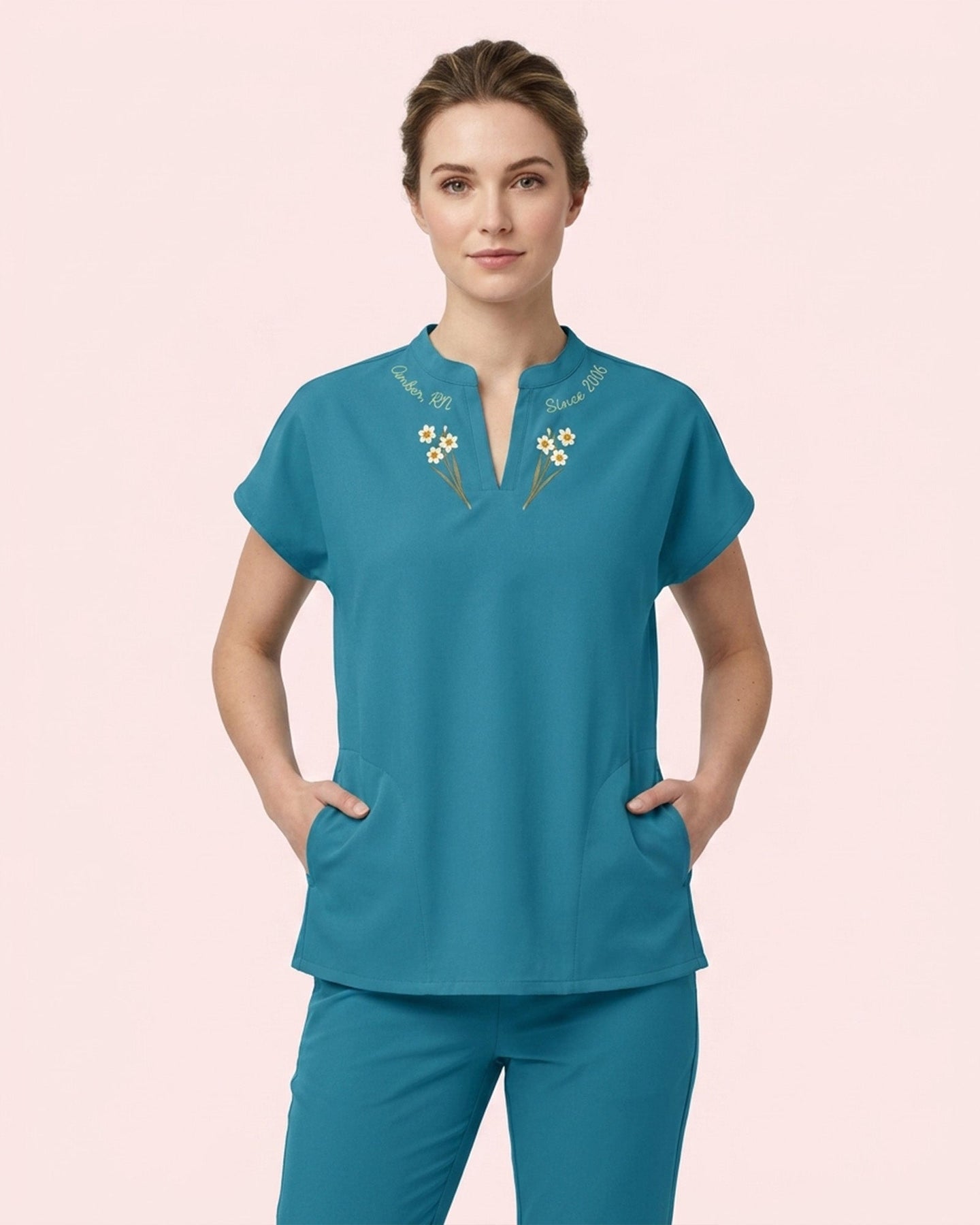 Personalized Birth Month Flower, Specialty, Name & Year Nurse Mandarin Top - Scrubloop
