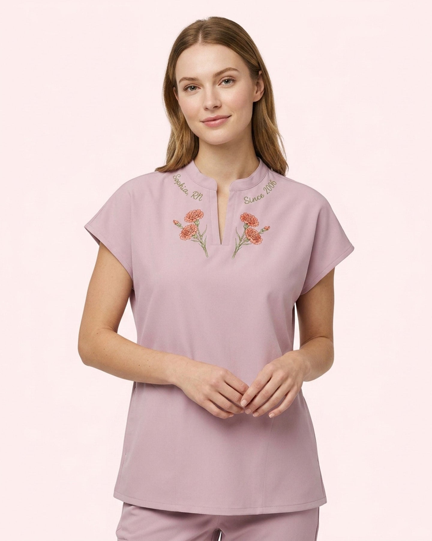 Personalized Birth Month Flower, Specialty, Name & Year Nurse Mandarin Top - Scrubloop
