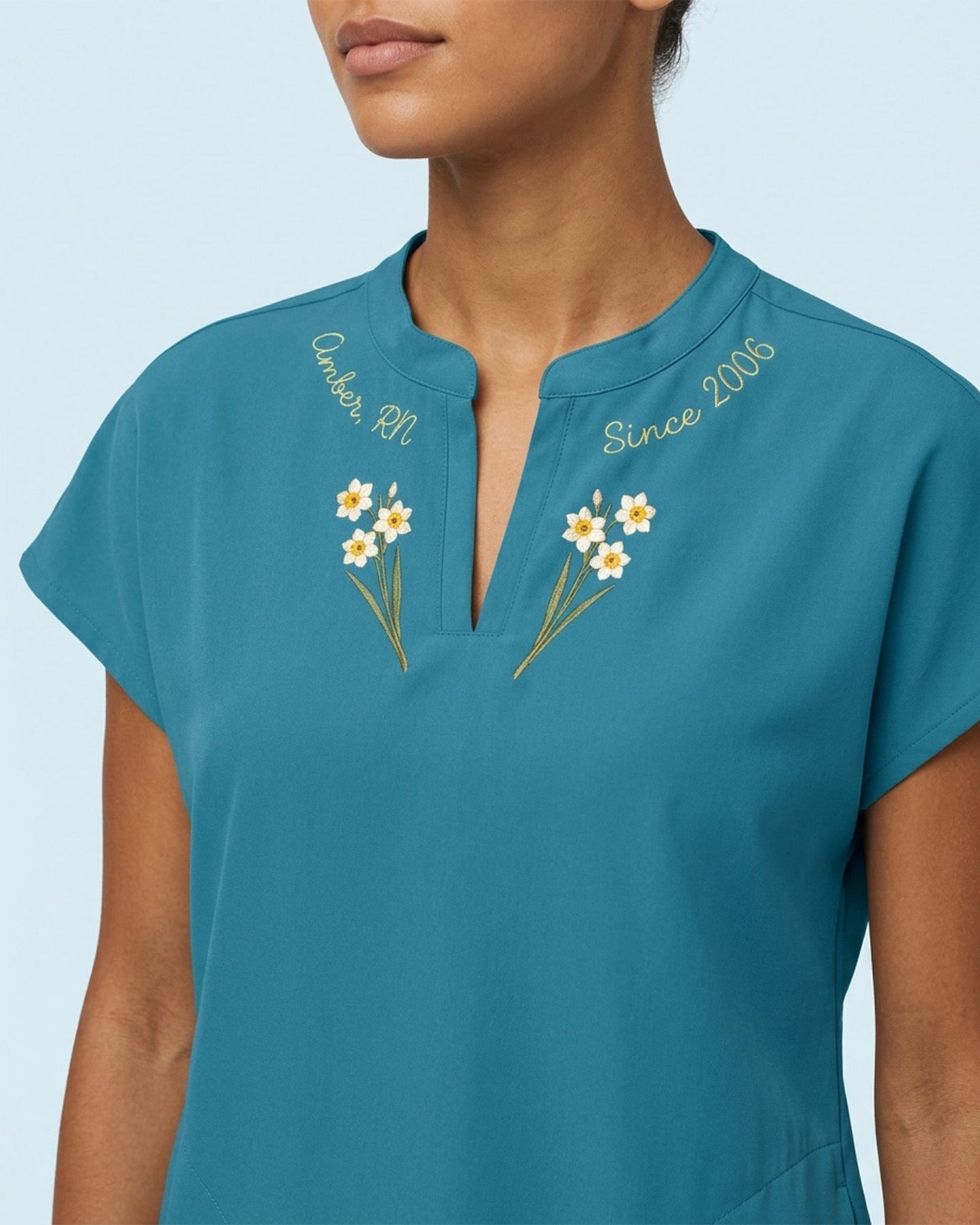 Personalized Birth Month Flower, Specialty, Name & Year Nurse Mandarin Top - Scrubloop