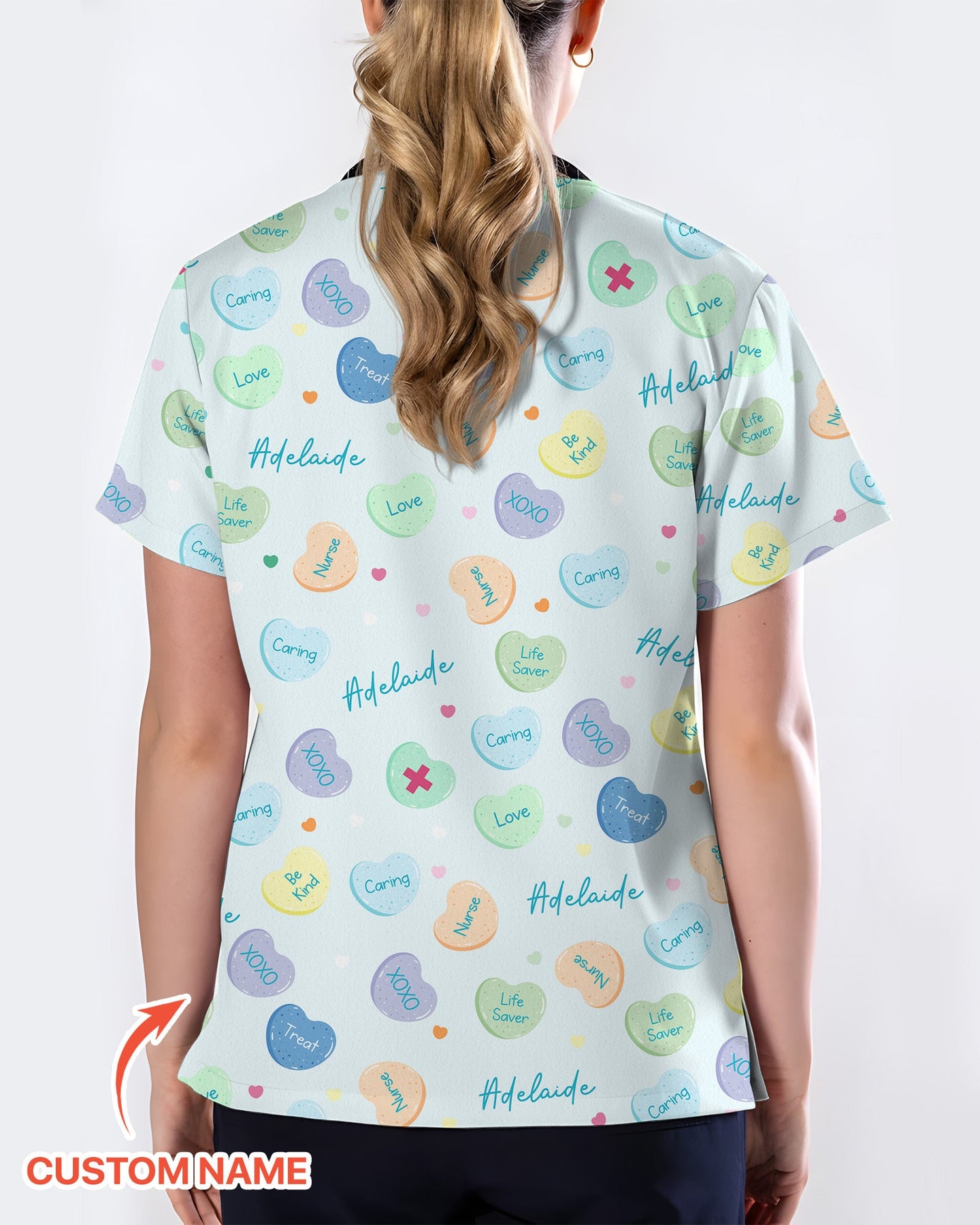 Personalized Candy Hearts Nurse Style Women Scrub Top - Scrubloop