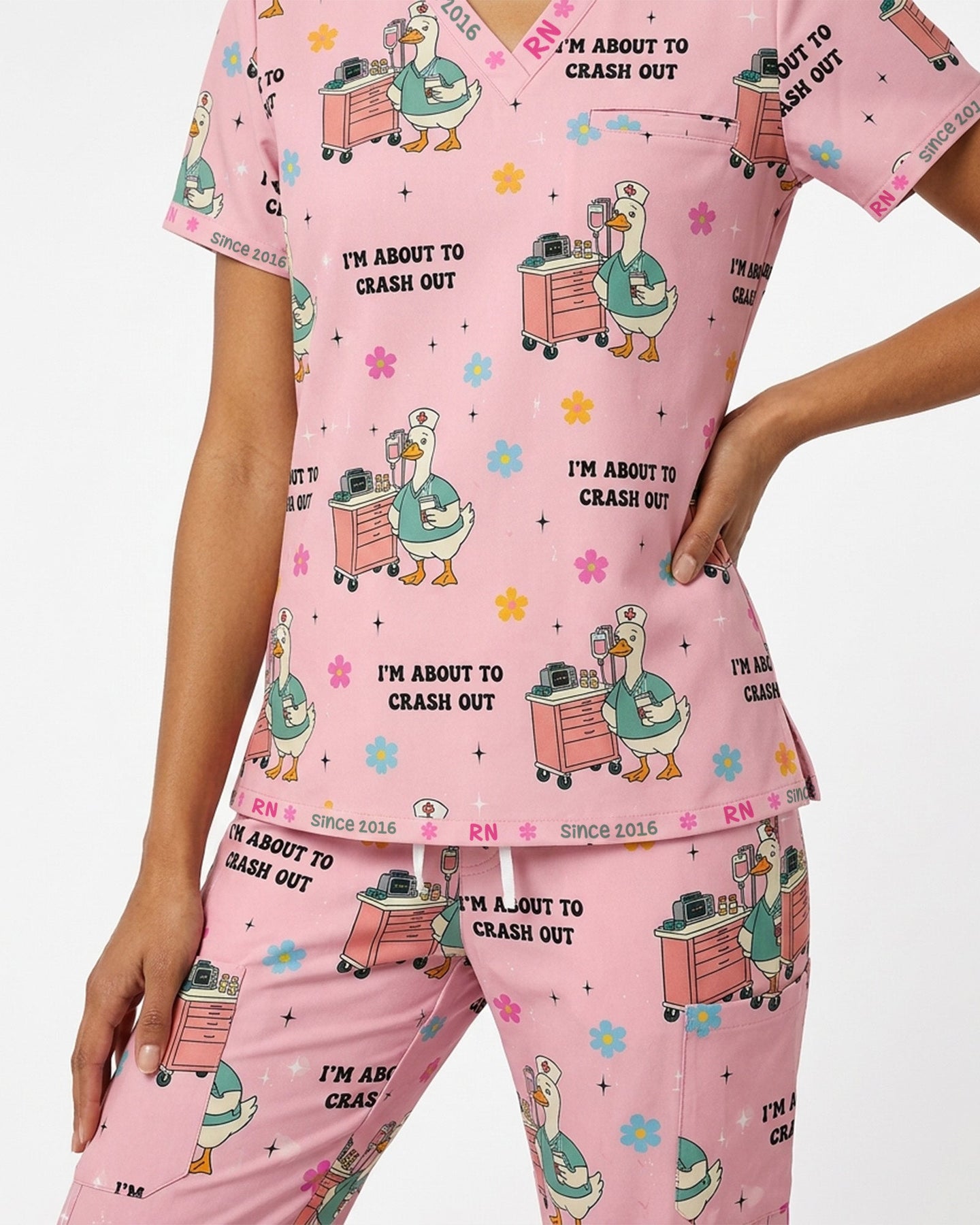 Personalized Job Title And Year Funny Nurse Silly Goose I'm About To Crash Out Women's One-Pocket V-neck Scrub Set - Scrubloop