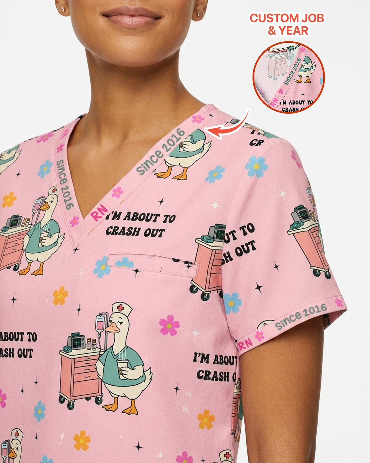 Personalized Job Title And Year Funny Nurse Silly Goose I'm About To Crash Out Women's One-Pocket V-neck Scrub Set - Scrubloop