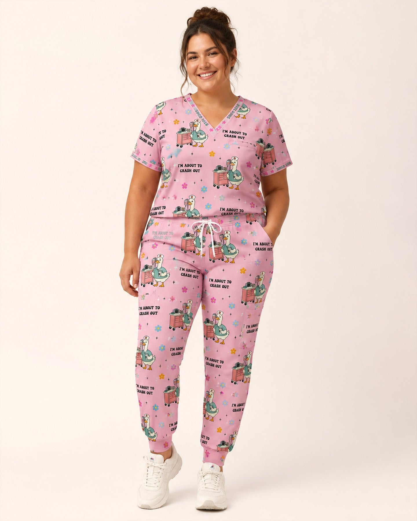 Personalized Job Title And Year Funny Nurse Silly Goose I'm About To Crash Out Women's One-Pocket V-neck Scrub Set - Scrubloop