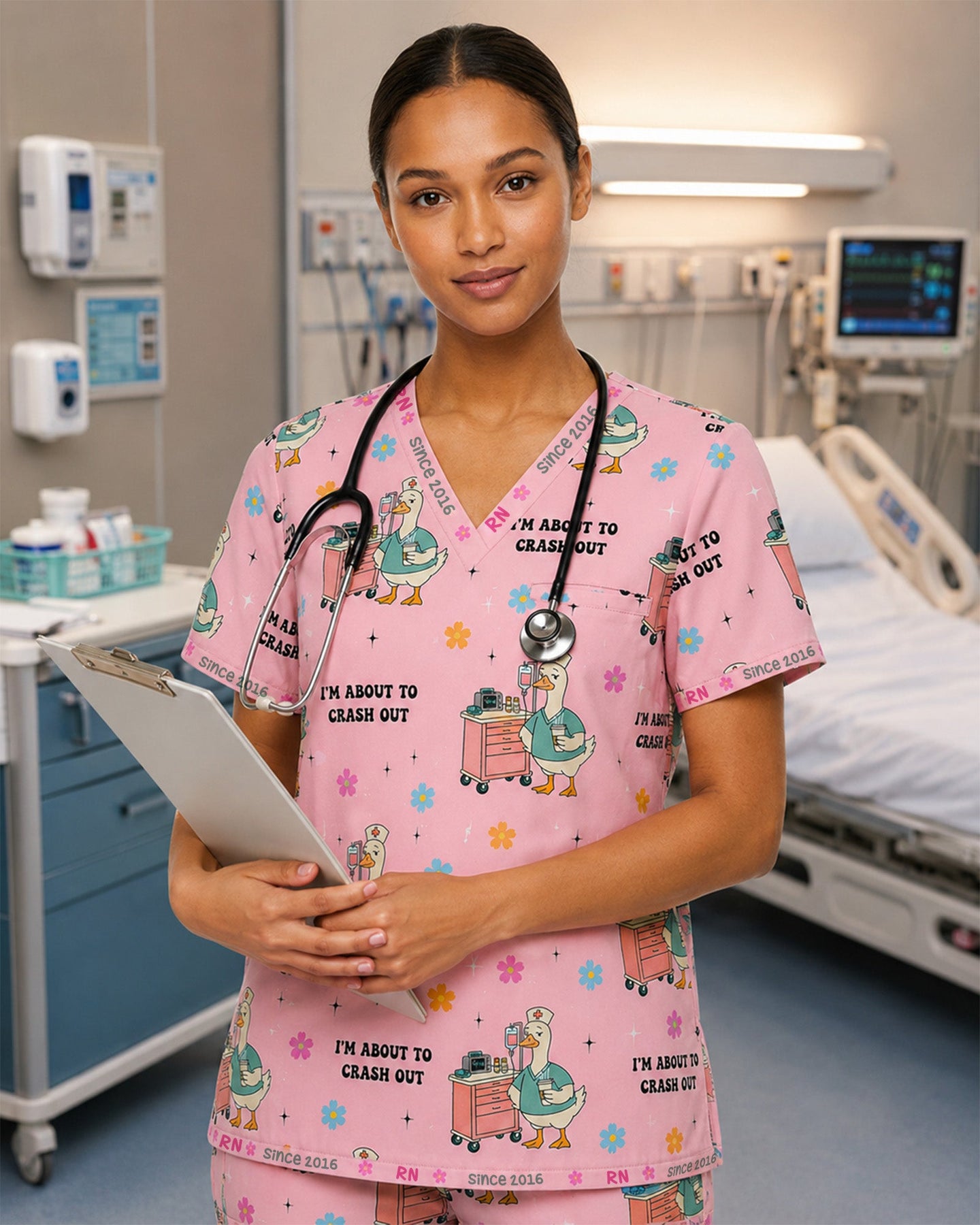 Personalized Job Title And Year Funny Nurse Silly Goose I'm About To Crash Out Women's One-Pocket V-neck Scrub Set - Scrubloop