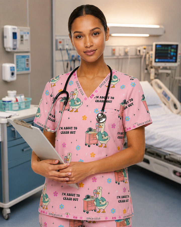 Personalized Job Title And Year Funny Nurse Silly Goose I'm About To Crash Out Women's One-Pocket V-neck Scrub Set