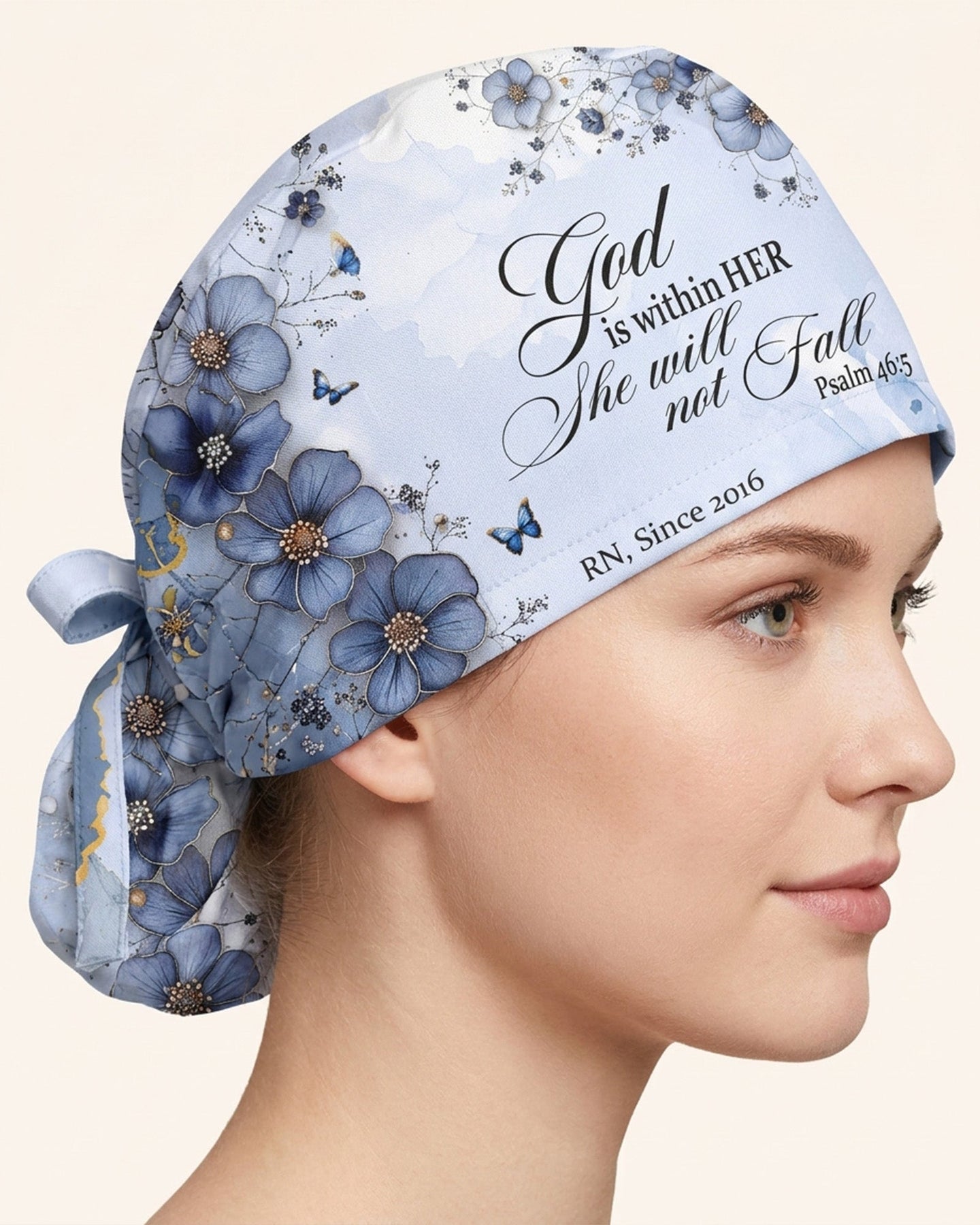 Personalized Job Title And Year God Is Within Her She Will Not Fall Nurse Flower Premium Satin-Lined Scrub Cap - Scrubloop